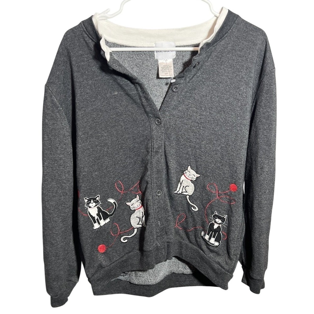 Bon Worth Women's MP Gray Cat Embroidery Button Front Cardigan Sweatshirt